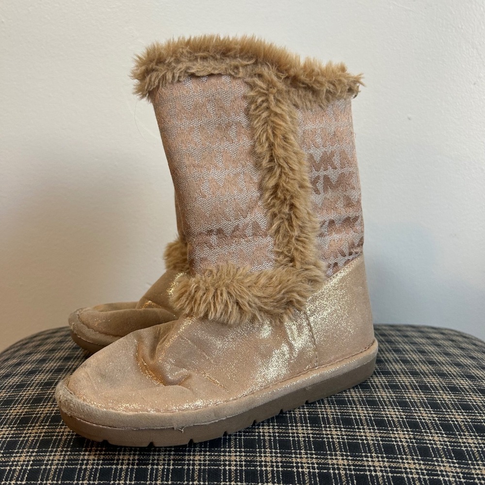 Michael Kors Kids‎ MK Logo Glitter Fur Trimmed Boots Tan Size 13